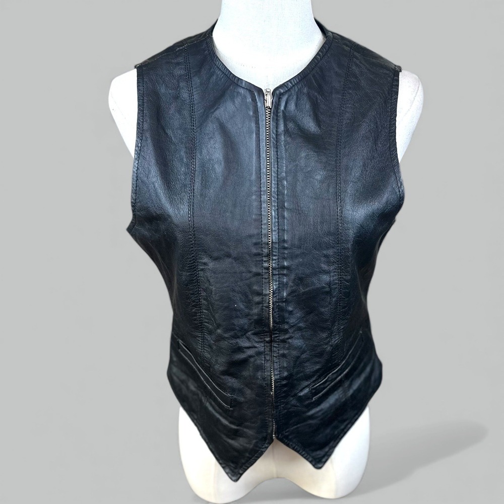 Wilsons Vintage Womens Black Harley‎ Davidson Patch Zip Vest Size M